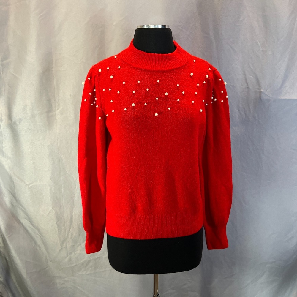 Cece Sweater Womens M Red Pearl Embellished Ribbed Trim Long Sleeve Crew Neck